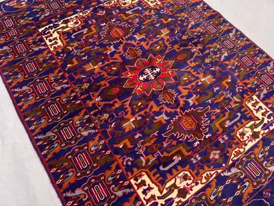 4x6 Turkish Style Peking Rug | Hand-Knotted Wool Floral Carpet | Vintage Medallion Blue Oriental Rug | Traditi