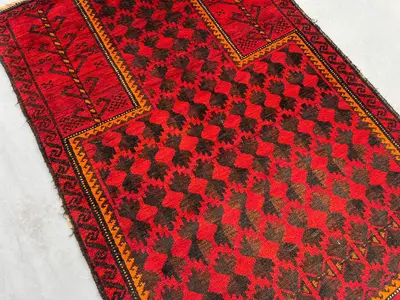2'9 x 4'2 ft Vintage Afghan Prayer Rug, Hand Knotted Wool Oriental Rug, Tribal Geometric Pattern Small Red Blu