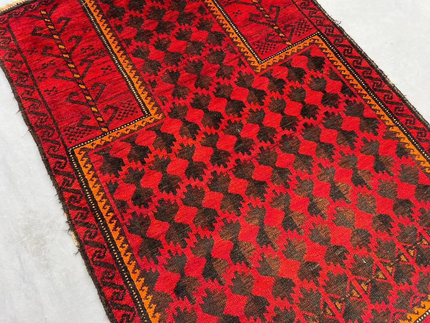 2'9 x 4'2 ft Vintage Afghan Prayer Rug, Hand Knotted Wool Oriental Rug, Tribal Geometric Pattern Small Red Blue Carpet Soft Pile Moss Rug