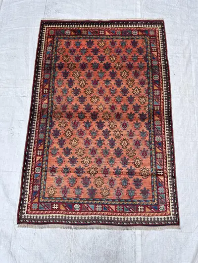 4x6 Ft, Semi Antique Orange Caucasian Rug, Geometric Pattern Rug, Handknotted Wool Area Rug Carpet for Living 
