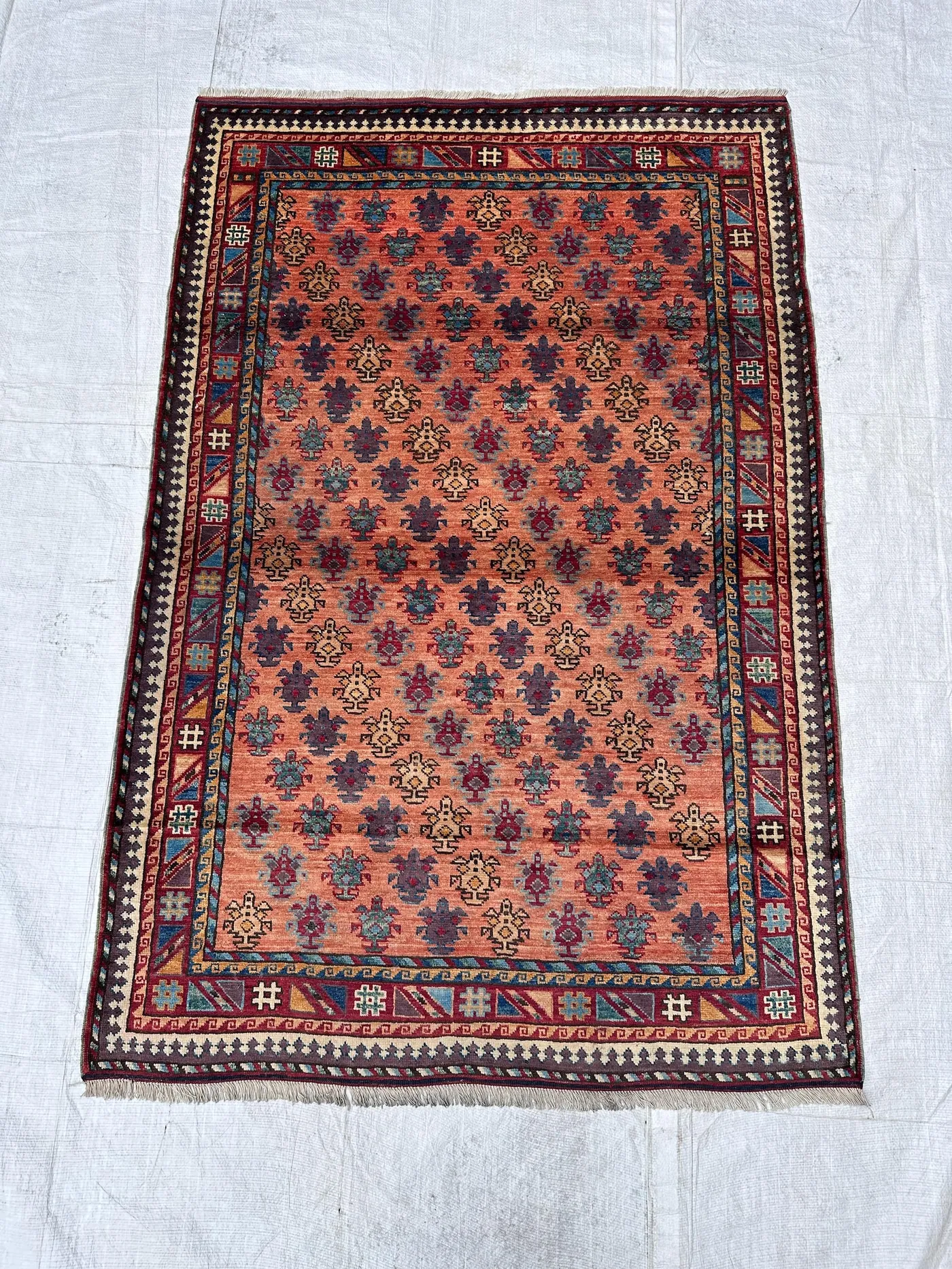4x6 Ft, Semi Antique Orange Caucasian Rug, Geometric Pattern Rug, Handknotted Wool Area Rug Carpet for Living Room Bedroom Decor, Home Decor
