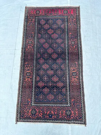 3'6x6'9 Vintage Navy Afghan Baluchi Rug, Geometric Pattern Hallway Rug, Entryway Rug for Living Room, Bedroom