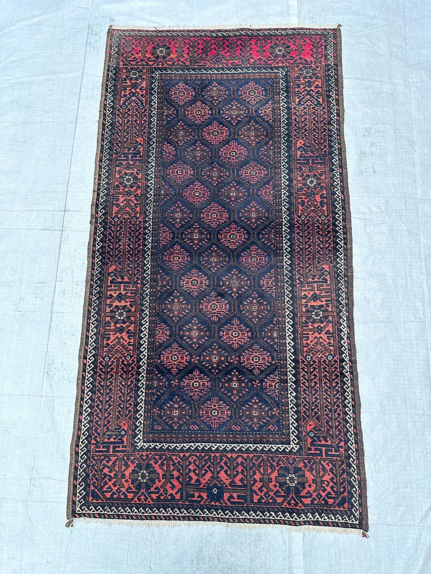 3'6x6'9 Vintage Navy Afghan Baluchi Rug, Geometric Pattern Hallway Rug, Entryway Rug for Living Room, Bedroom