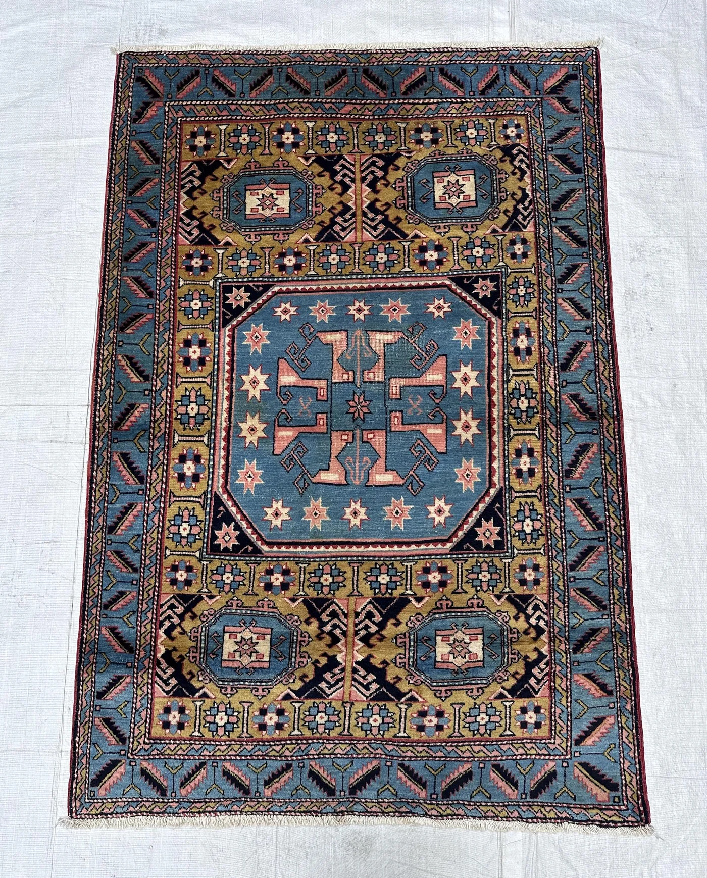 4x6 Ft Semi Antique Geometric Caucasian Rug, Entryway & Office Rug, Yellow Blue Medallion Rug, Handknotted Wool Area Rug, Living Room Rug