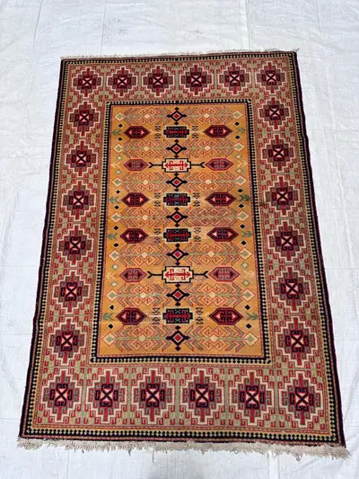 5x7.3 FT Handknotted Semi Antique Fine Caucasian Rug for Living Room & Bedroom, Organic Wool Geometric Tribal 