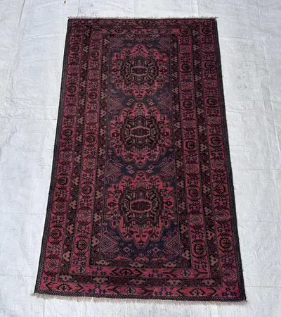 4x6 Ft, Vintage Handknotted Baluchi Rug, Tribal Medallion Rug, Red & Blue Wool Rug Area Rug Carpet for Living 