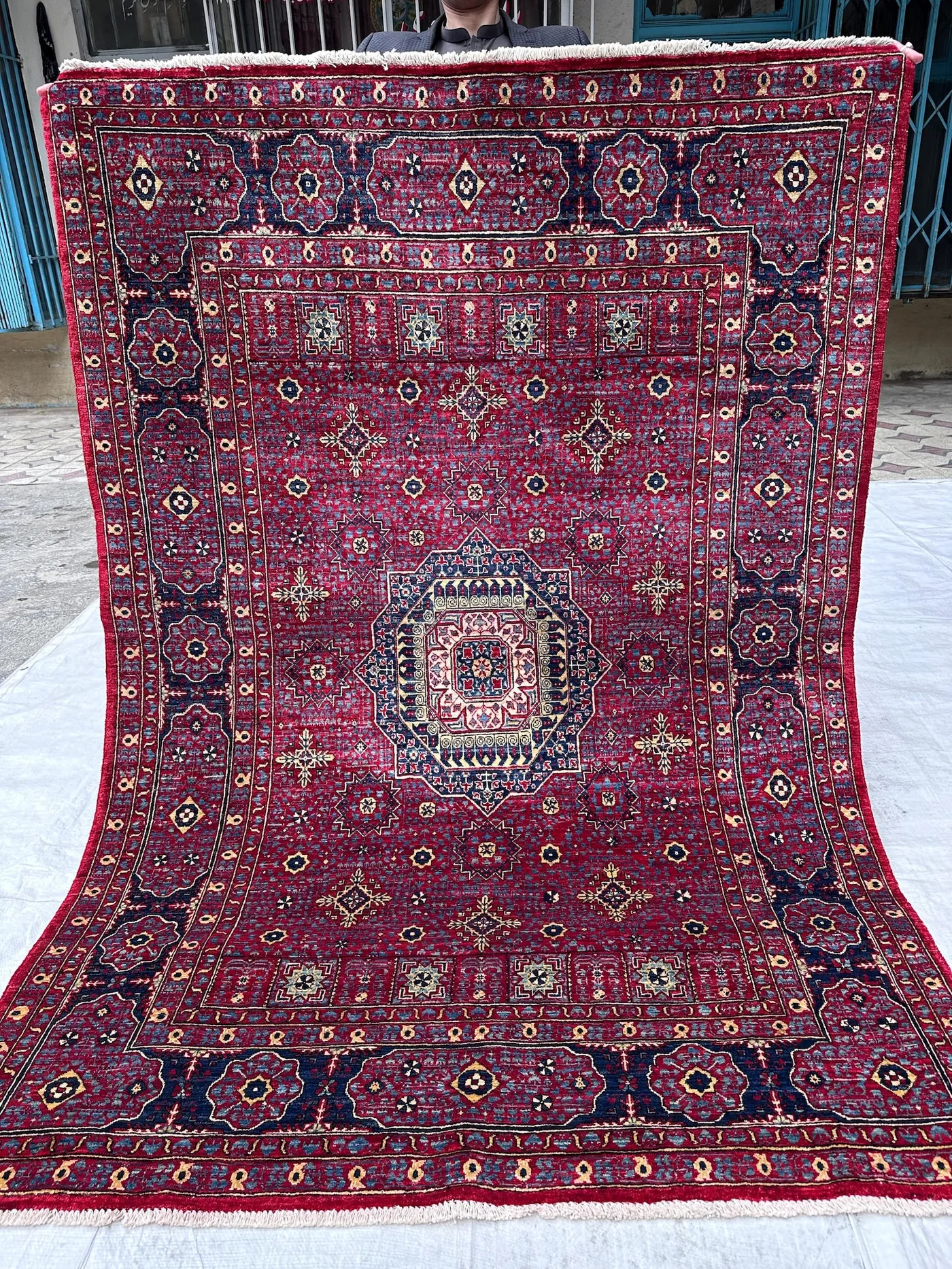 5x7 Vintage Red Afghan Mumluk Rug, Hand Knotted Wool Medallion Area Rug for Living Room, Bedroom Floor, Traditional Geometric Carpet