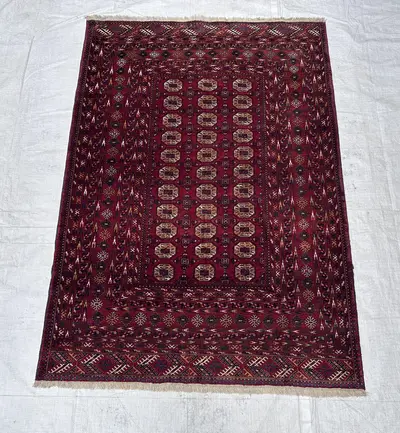 4x6 Ft, Semi Antique Turkmen Bukhara Rug, Geometric Tekke Design Rug, Hand Knotted Wool Area Rug for Living Ro