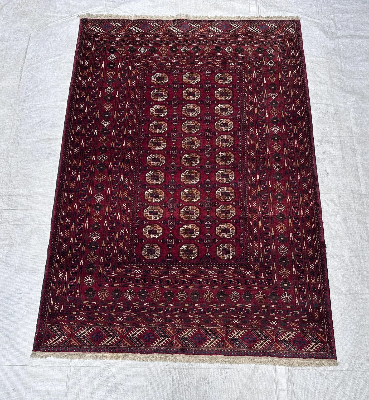 4x6 Ft, Semi Antique Turkmen Bukhara Rug, Geometric Tekke Design Rug, Hand Knotted Wool Area Rug for Living Room, Bedroom Floor Decor