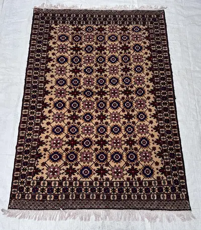 Vintage Beige Turkish 4x6 Rug, 4'6x6'3 Ft Hand Knotted Geometric Wool Carpet for Living Room, Bedroom Floor De