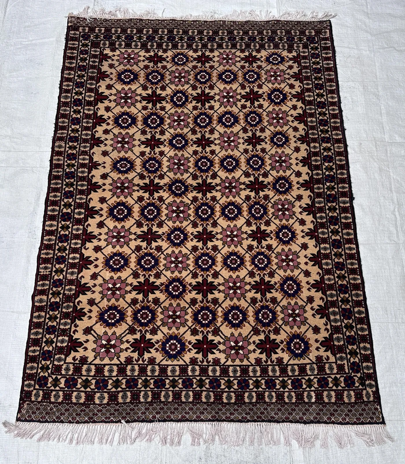 Vintage Beige Turkish 4x6 Rug, 4'6x6'3 Ft Hand Knotted Geometric Wool Carpet for Living Room, Bedroom Floor Decor