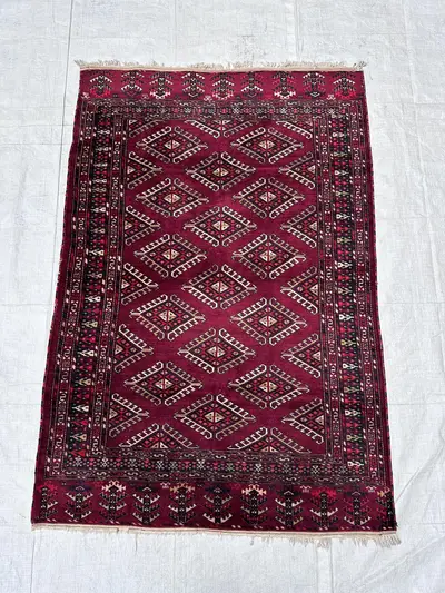 Vintage Turkmenistan 4x6 Rug, Hand Knotted Wool Geometric Area Rug for Living Room, Home Office Tribal Carpet