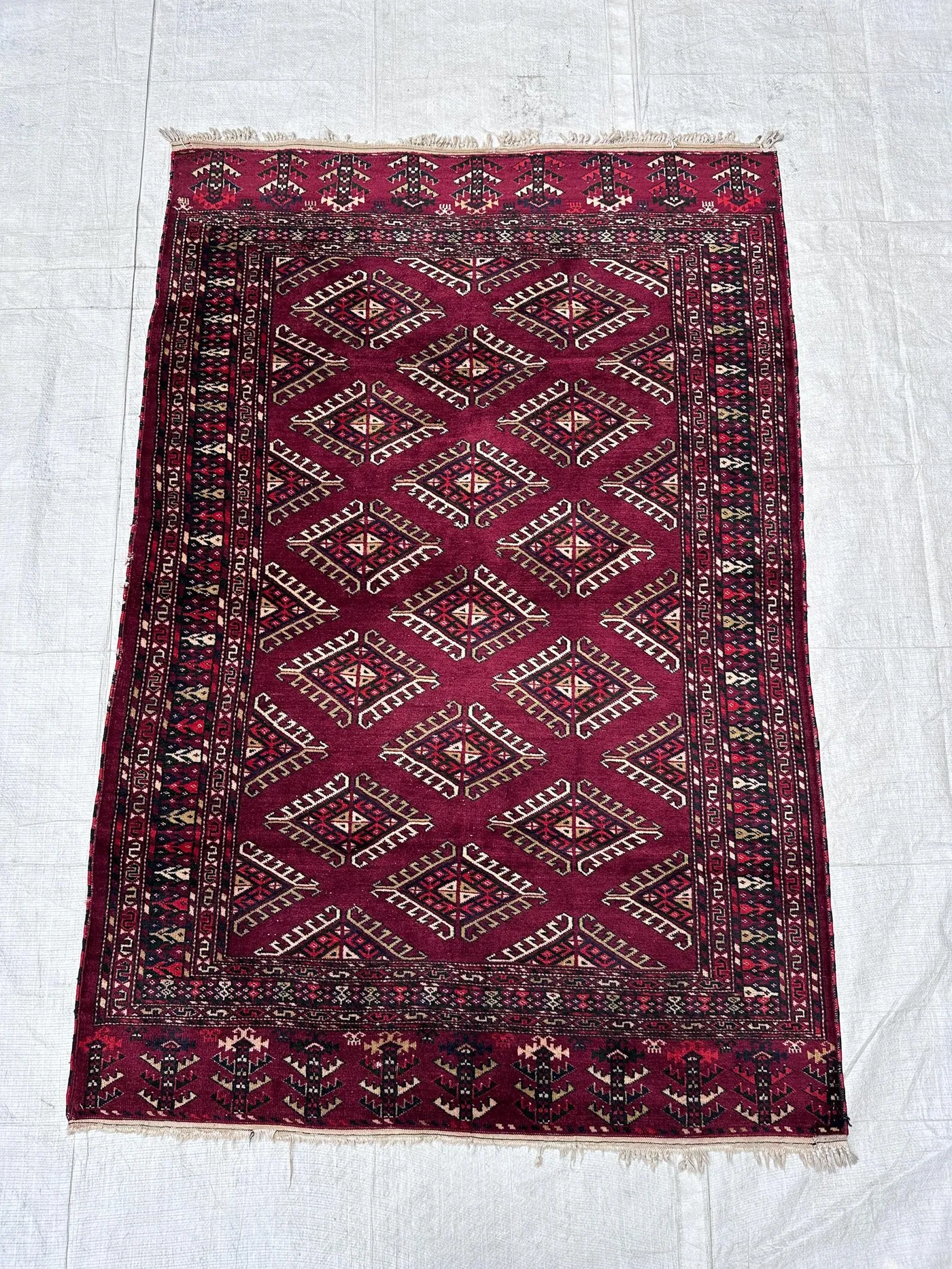 Vintage Turkmenistan 4x6 Rug, Hand Knotted Wool Geometric Area Rug for Living Room, Home Office Tribal Carpet