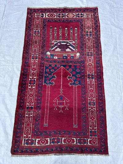 Vintage Afghan Herati Prayer Rug 4x7'5 Ft, Deep Red Wool Carpet for Living Room Entryway Boho Tribal Floor Dec