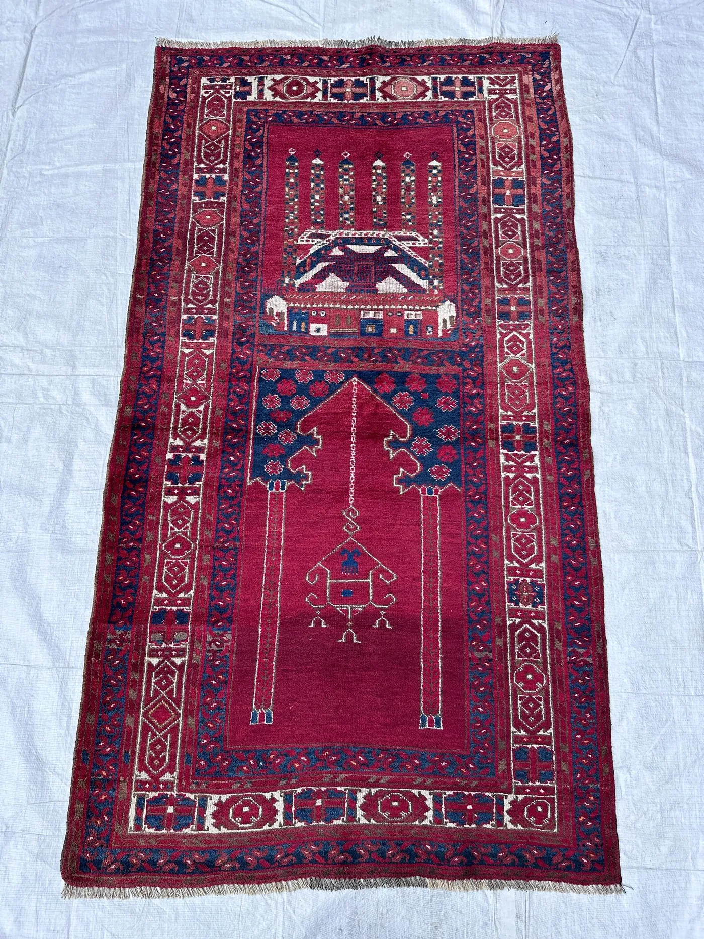 Vintage Afghan Herati Prayer Rug 4x7'5 Ft, Deep Red Wool Carpet for Living Room Entryway Boho Tribal Floor Decor