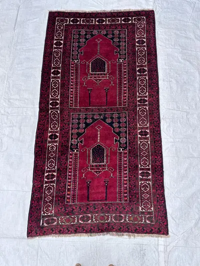 Red Afghan Baluch 4x7 Rug Vintage Tribal Double Mihrab Wool Carpet for Hallway and Entryway Gallery Corridor A