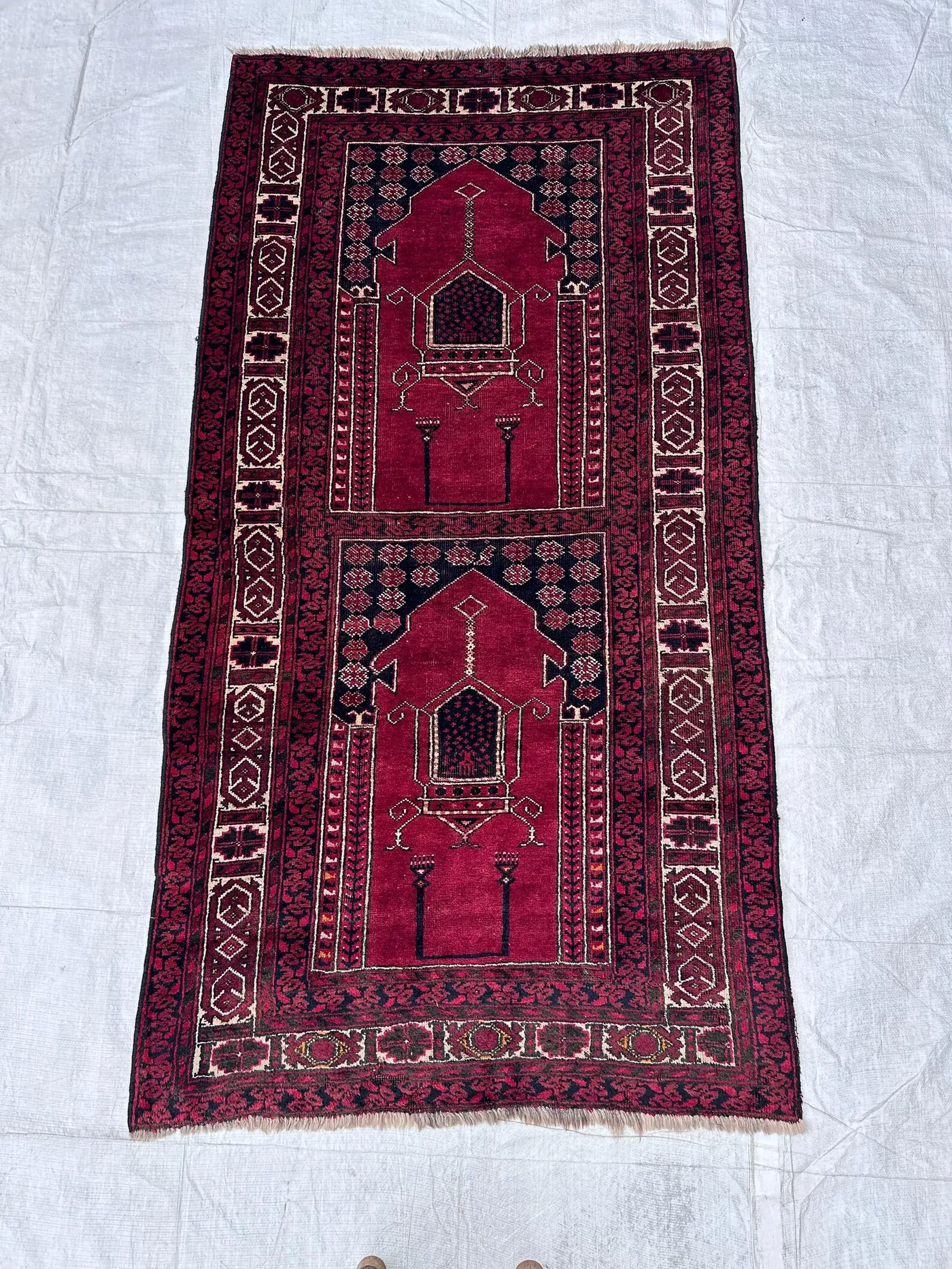 Red Afghan Baluch 4x7 Rug Vintage Tribal Double Mihrab Wool Carpet for Hallway and Entryway Gallery Corridor Area Rug 3'7x7