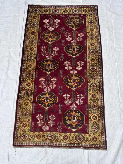 Antique Style Caucasian 4x7 Rug, Vase of Life & Floral Area Rug, Red Yellow Wool Carpet for Hallway, Living Ro