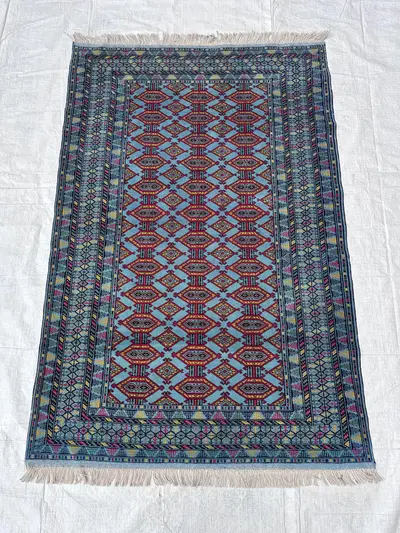 Handknotted Turkmen Zahir Shahi Rug, 4'5x6'7 Ft Blue Geometric Lattice Area Rug for Living Room, Bedroom Wool 