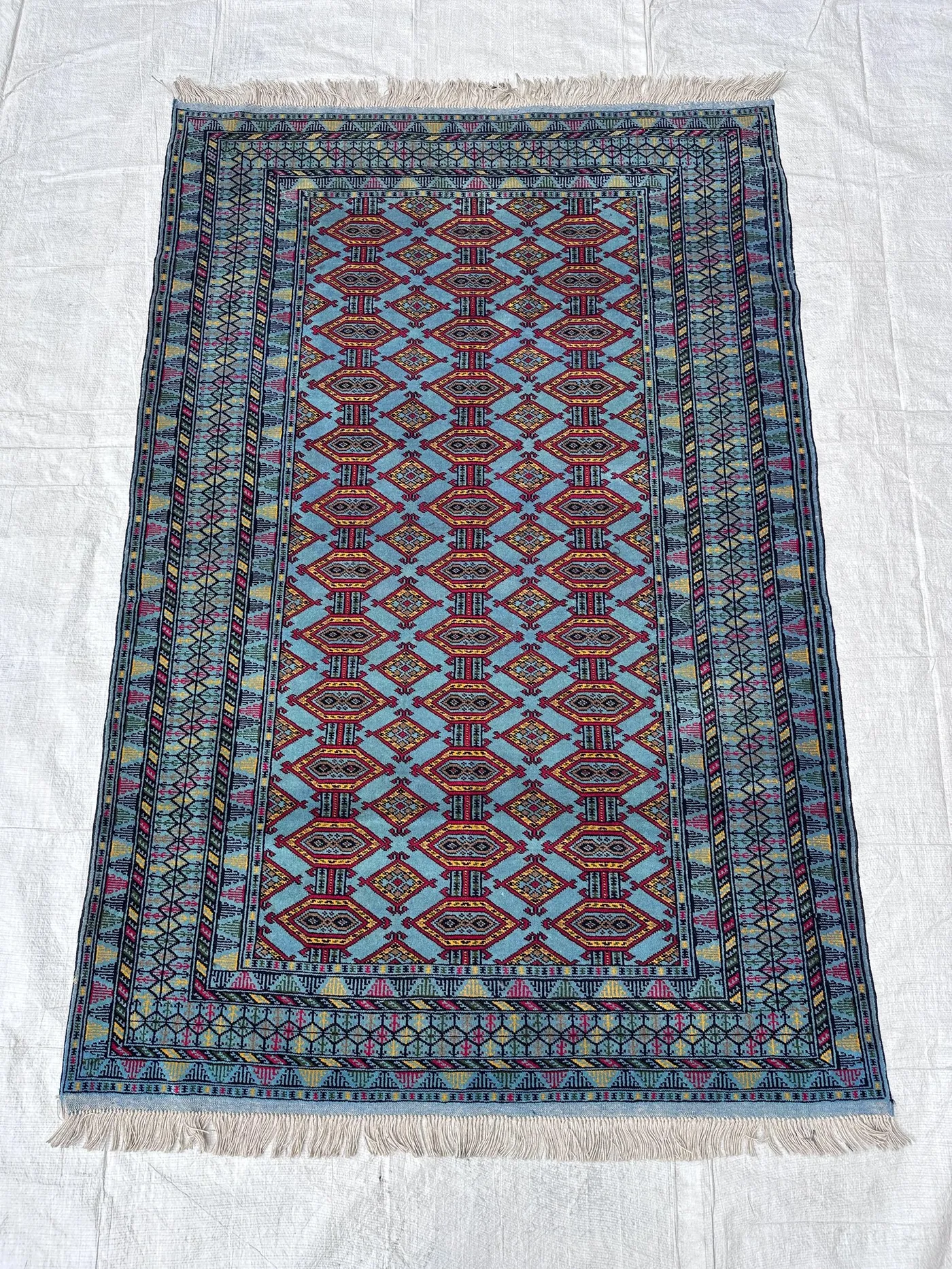Handknotted Turkmen Zahir Shahi Rug, 4'5x6'7 Ft Blue Geometric Lattice Area Rug for Living Room, Bedroom Wool Carpet