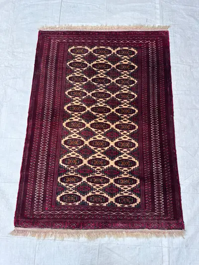Cream Afghan 4x6 Rug Handknotted Vintage Turkmen Mauri Geometric Wool Carpet for Living Room and Bedroom Accen