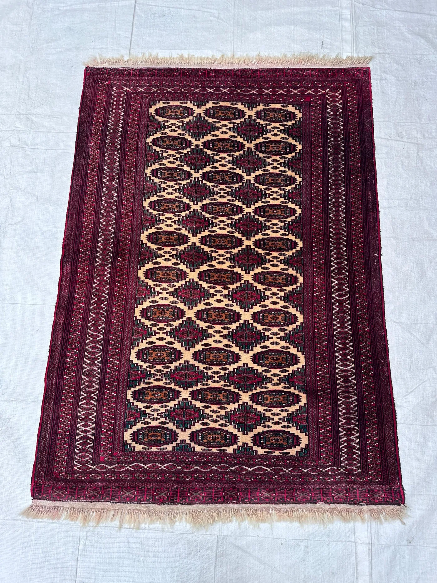 Cream Afghan 4x6 Rug Handknotted Vintage Turkmen Mauri Geometric Wool Carpet for Living Room and Bedroom Accent Area Rug 4'2x5'9