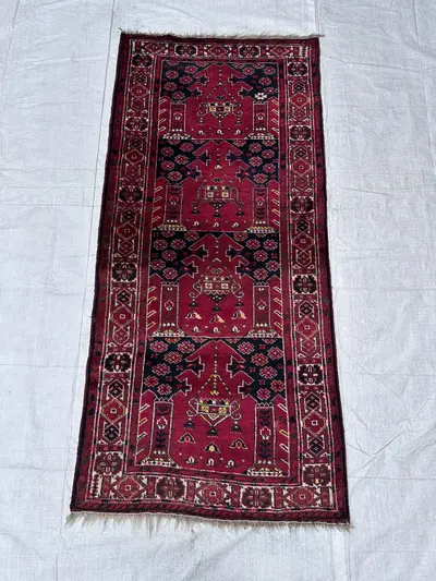 Red Tribal 3x7 Rug Antique Baluch Wool Carpet for Hallway and Entryway Gallery Corridor Geometric Accent Area 
