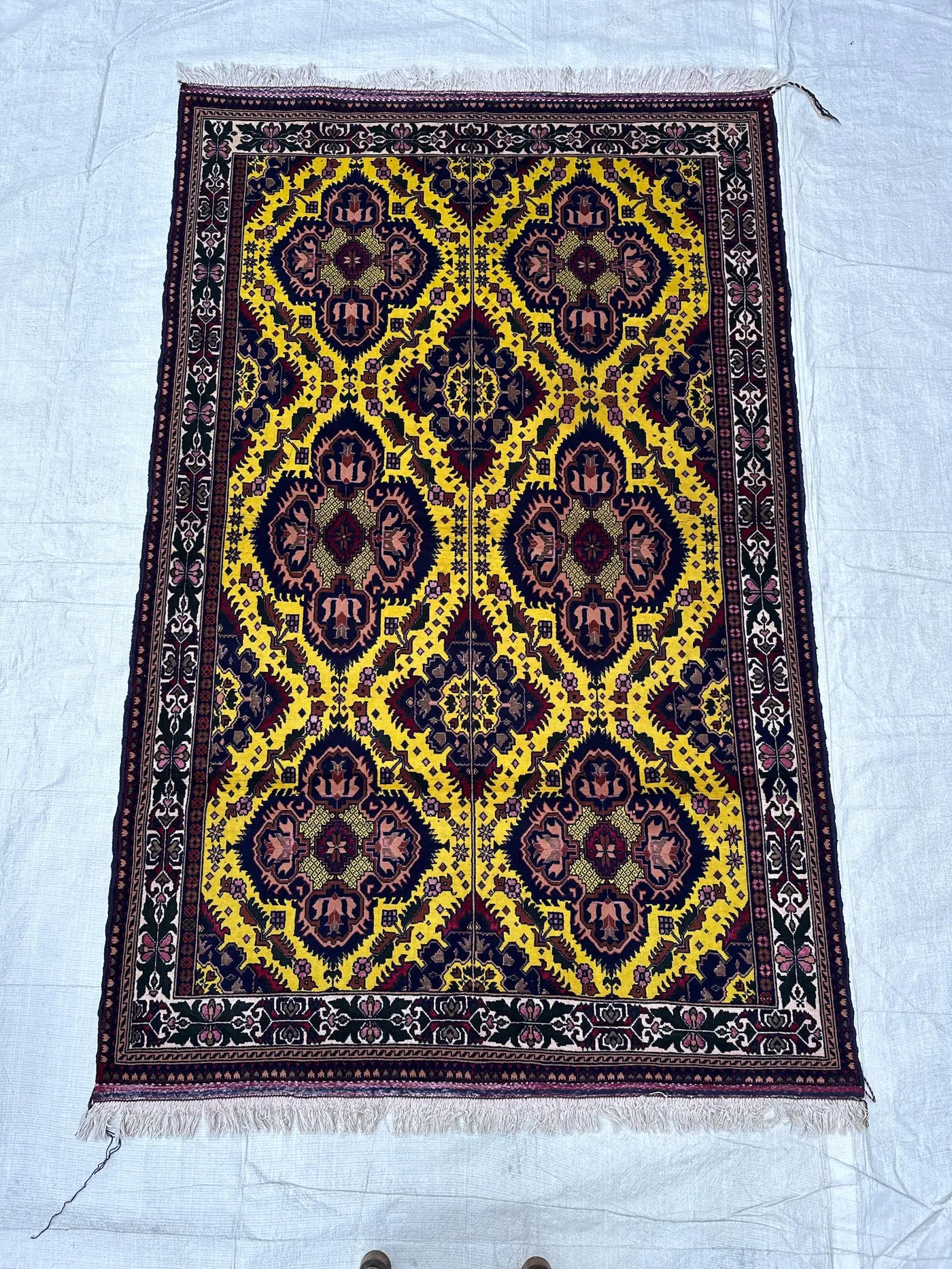 Yellow Afghan 4x6 Rug Handknotted Vintage Geometric Wool Carpet for Living Room and Bedroom Accent Area Decor 4'1x6'4