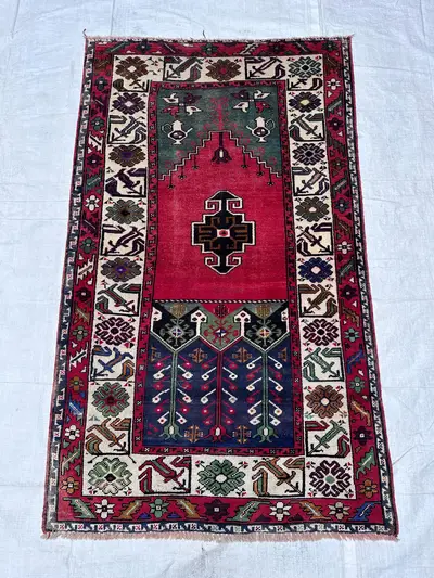 Red Afghan 4x7 Rug Vintage Tribal Mihrab Wool Carpet for Living Room and Bedroom Geometric Accent Decor Area R