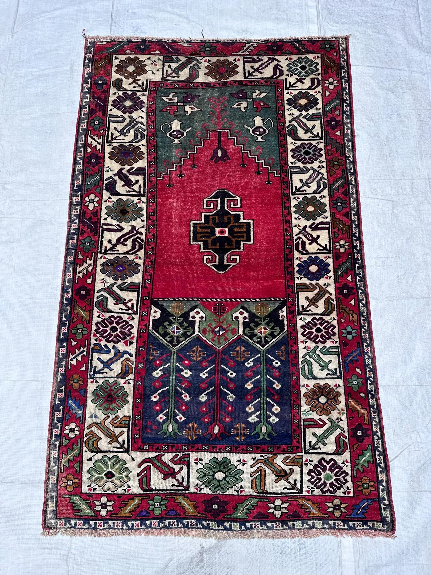 Red Afghan 4x7 Rug Vintage Tribal Mihrab Wool Carpet for Living Room and Bedroom Geometric Accent Decor Area Rug 4x6'8