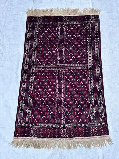 Premium Quality Turkmen Ensi Pardah Rug, 3'9x6 Ft Geometric Cross Hatchli Wool Carpet for Living Room, Home Of