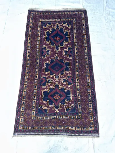 Fine Handknotted Dark Afghan 4x7 Rug, Beautiful Medallion Area Rug, Vintage Wool Rug, Hallway Rug, Entryway Ru