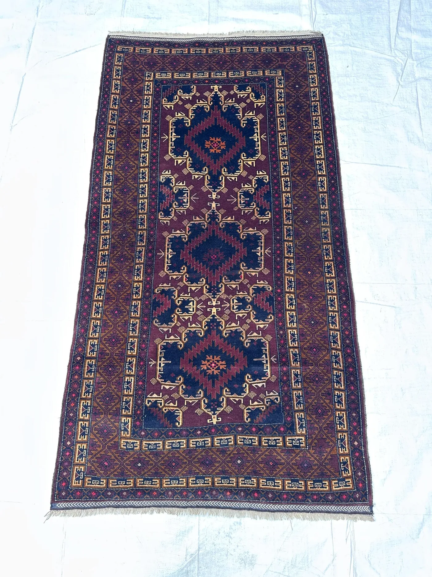 Fine Handknotted Dark Afghan 4x7 Rug, Beautiful Medallion Area Rug, Vintage Wool Rug, Hallway Rug, Entryway Rug