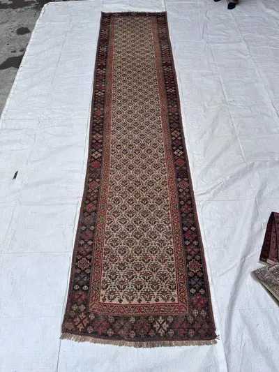 1920s Antique Caucasian Runner 3x14 Rug, Geometric Pattern Rug, Low Pile Wool Hallway Rug, Entryway Rug, Corri