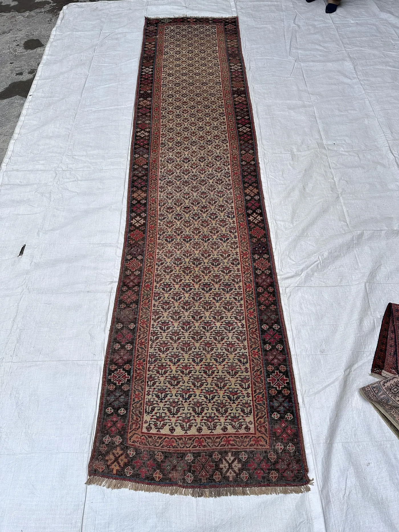 1920s Antique Caucasian Runner 3x14 Rug, Geometric Pattern Rug, Low Pile Wool Hallway Rug, Entryway Rug, Corridor Rug, Museum Style Rug