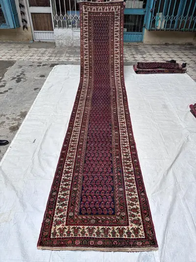 Antique Caucasian Extra Long Runner, 3'8x17 Ft Wool Boteh Paisley Rug for Gallery Hallway, Grand Stairs Decor