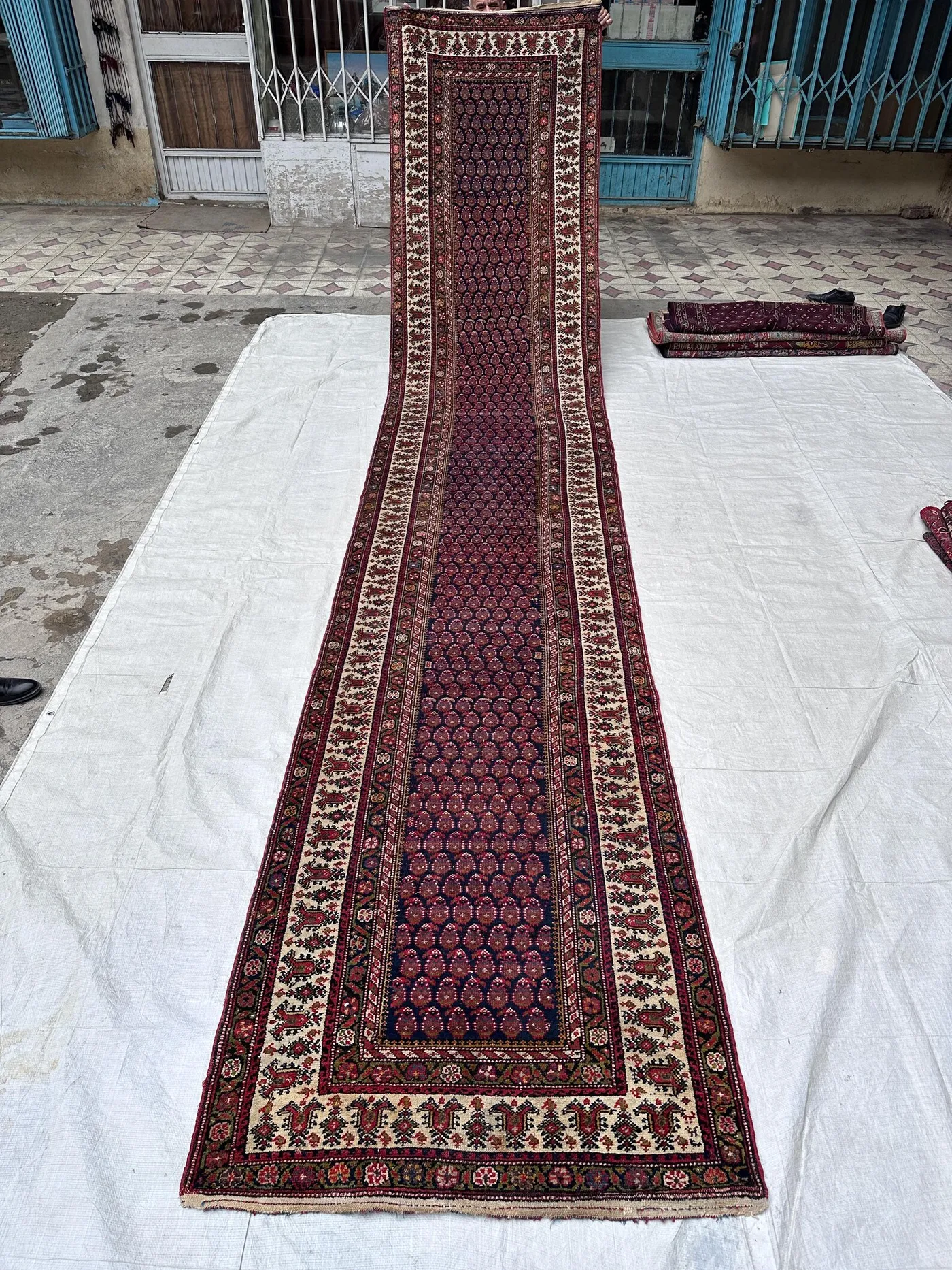 Antique Caucasian Extra Long Runner, 3'8x17 Ft Wool Boteh Paisley Rug for Gallery Hallway, Grand Stairs Decor