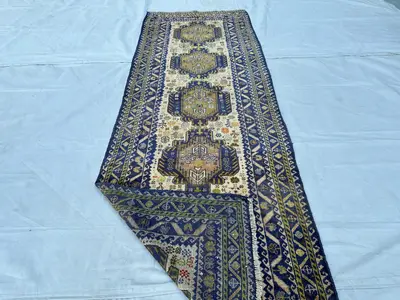 3x8 Afghan Herati Meallion Runner Blue Geometric Wool Runner Rug Entrway Khicten Hallway Runner