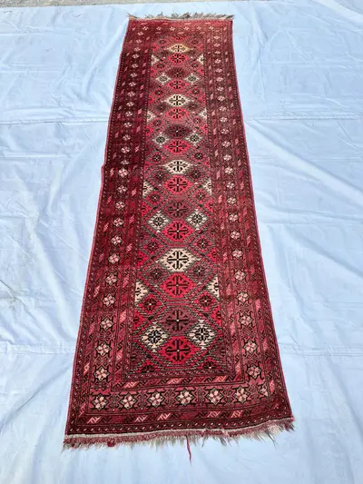 3x10 Red Geometric Wool Runner Rug Afghan Hallway Runner Entrway Vintage Turkmen Rug