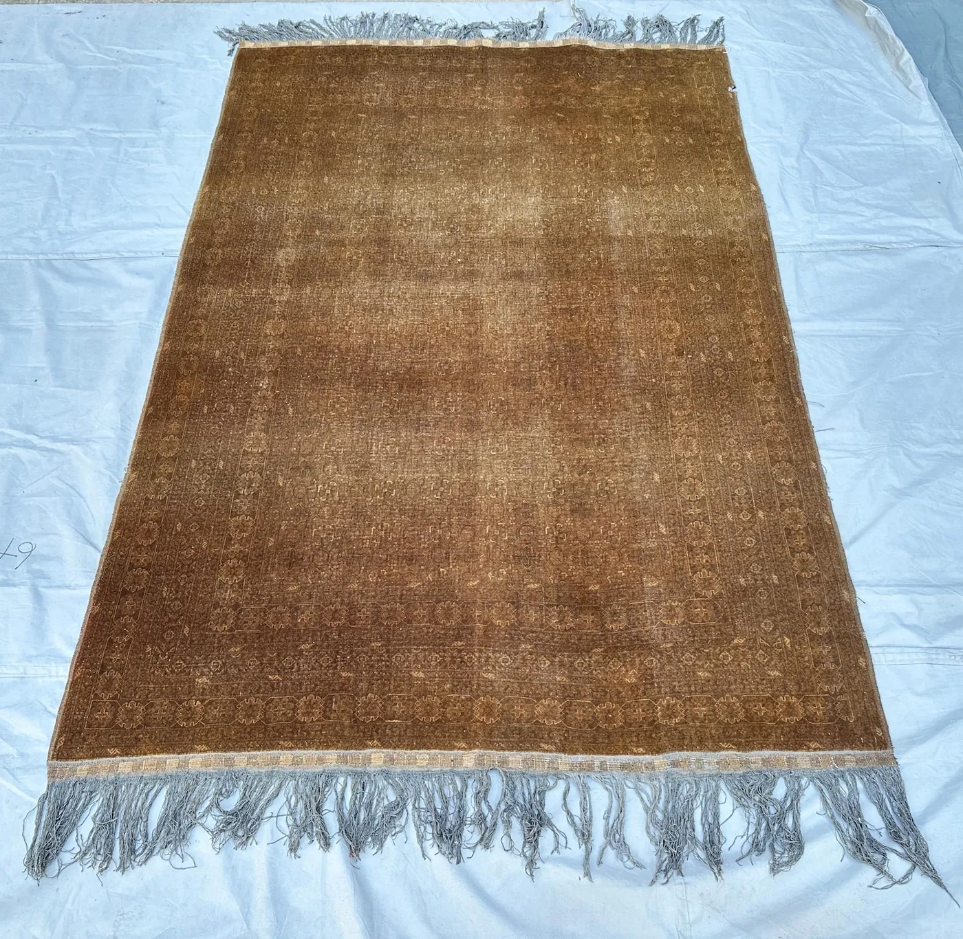 1960s Antique Terracotta Wool Area Rug, 7x10 Ft, Distressed Muted Carpet Living Room Rug