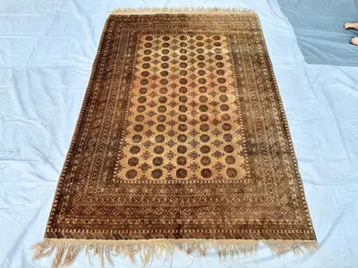 1960s Antique Bukhara Rug Hand Knotted Living Room Rug 7x9 Ft, Terracotta Medallion Carpet