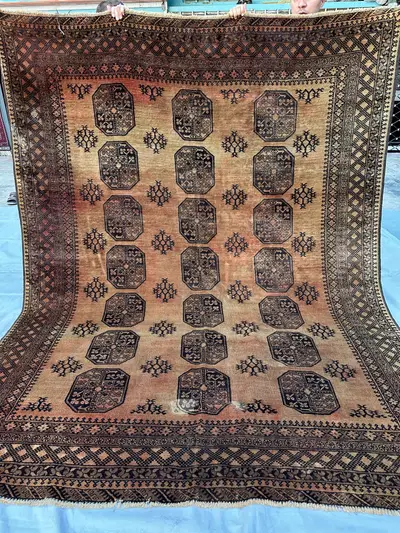 1960s Vintage Bukhara Wool Area Rug, 7x9 Ft, Medallion Carpet Afghan Tribal Living Room Rug