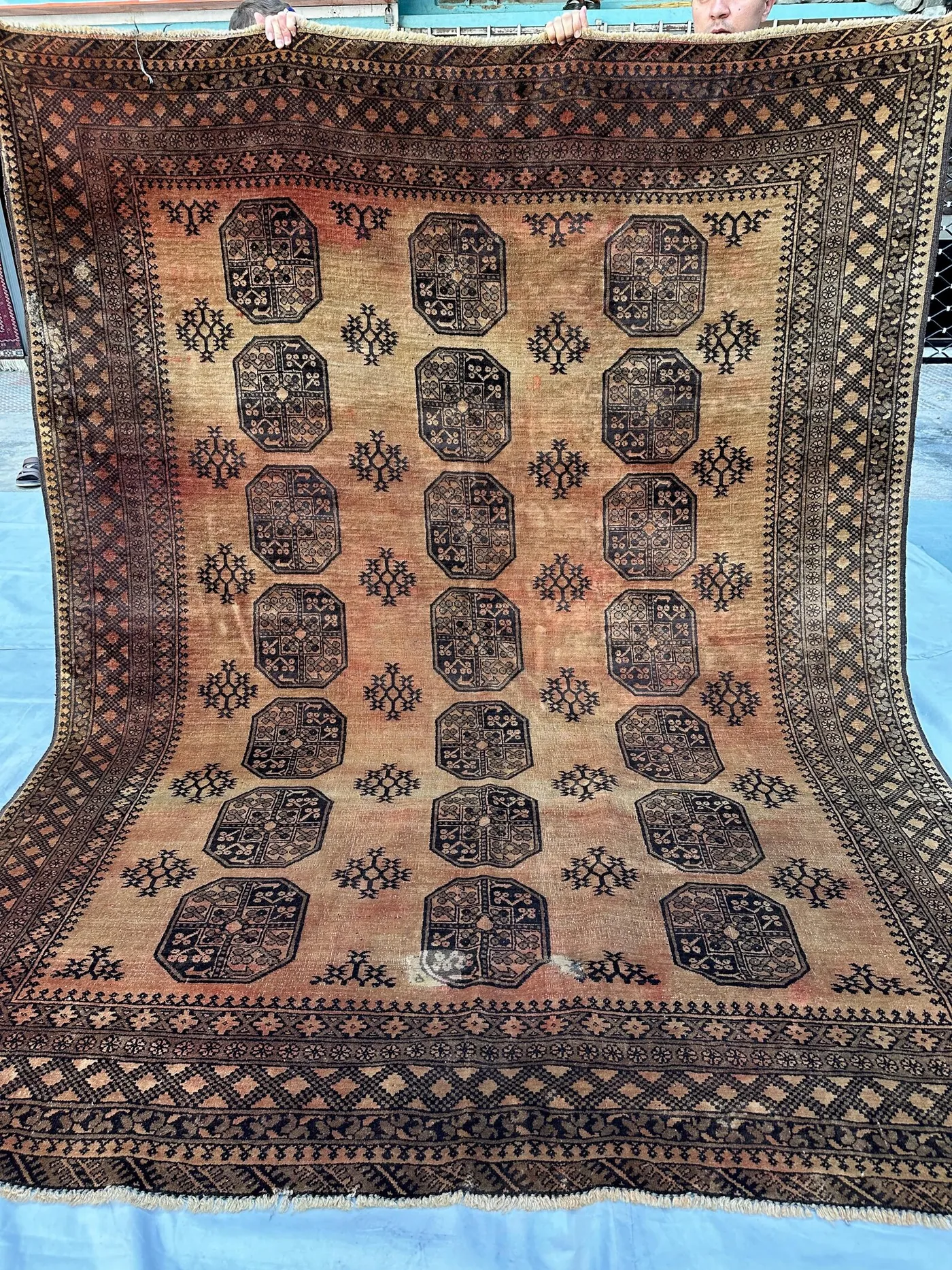 1960s Vintage Bukhara Wool Area Rug, 7x9 Ft, Medallion Carpet Afghan Tribal Living Room Rug