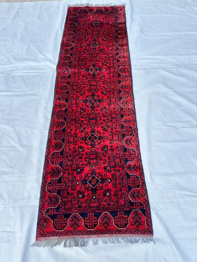 2'9" x 9'7" Hand-Knotted Afghan Khal Muhammadi Runner Rug  Red Tribal Wool Hallway Runner | Vintage Turkmen Ge