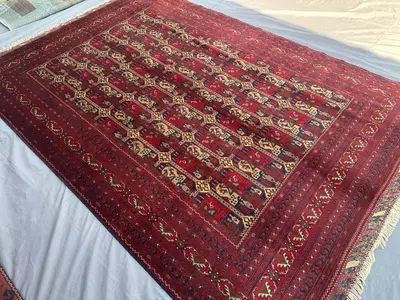 6'8x10' Afghan Turkmen Bukhara Design Rug | Hand-Knotted Ala Bakhmal Boteh Pattern | Deep Red & Gold Wool | La