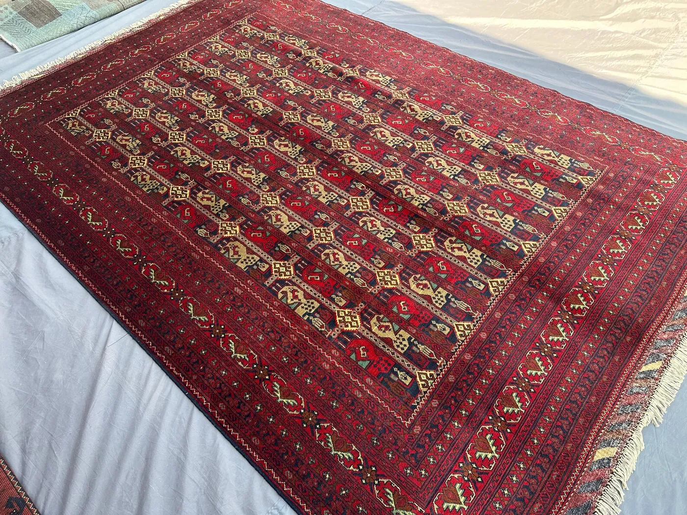 6'8x10' Afghan Turkmen Bukhara Design Rug | Hand-Knotted Ala Bakhmal Boteh Pattern | Deep Red & Gold Wool | Large Living Room Rug