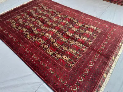 7x10 Afghan Turkmen Bukhara Design Rug | Hand-Knotted Ala Bakhmal Boteh Pattern | Deep Red & Gold Wool | Large
