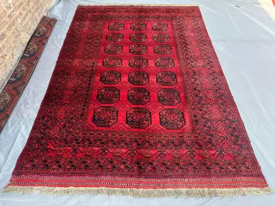 7x10 Antique Turkmen Bukhara Rug, Afghan Hand Knotted Wool Area Rug, Geometric Elephant Foot Design, Red Black