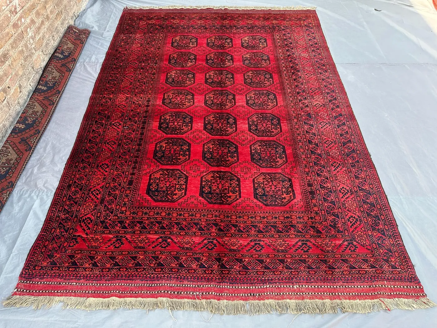 7x10 Antique Turkmen Bukhara Rug, Afghan Hand Knotted Wool Area Rug, Geometric Elephant Foot Design, Red Black Tribal Carpet Living Room Rug