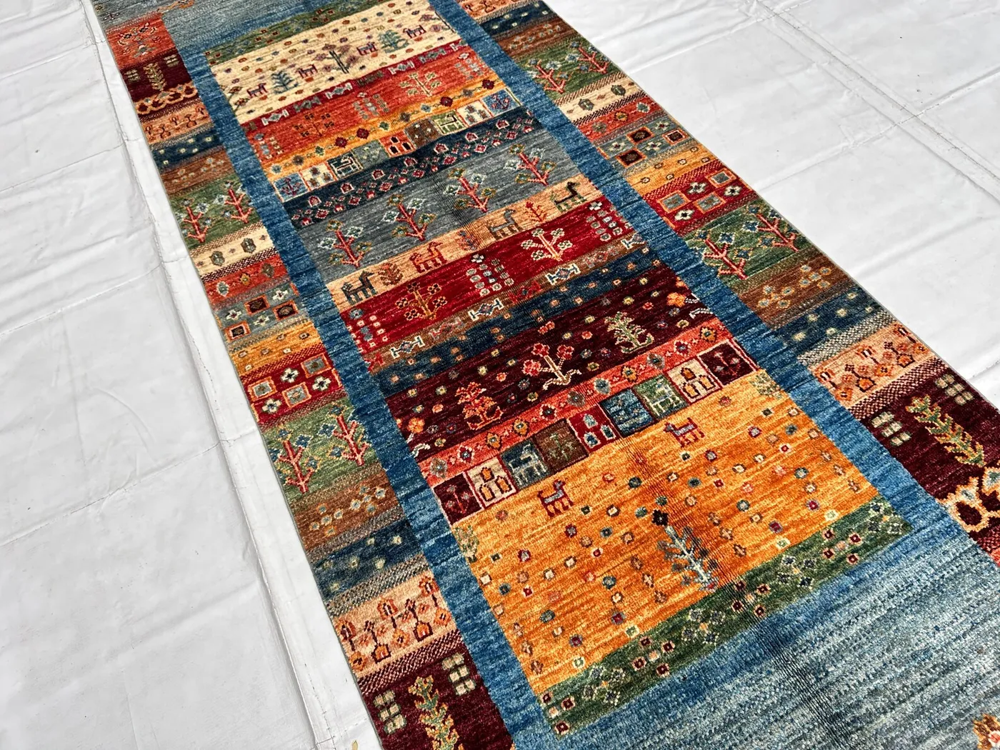 Tribal Striped Runner Rug, Hand Knotted Wool Gabbeh Hallway Rug, Gray Animal Motif Carpet 3x8, Boho Wool Runner, Entryway Rug